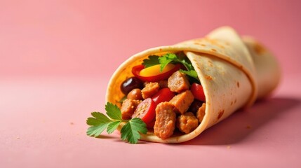 Wall Mural - Delicious Savory Wrap Filled with Seasoned Protein Cubes, Diced Tomatoes, and Herbs on a Pink Background