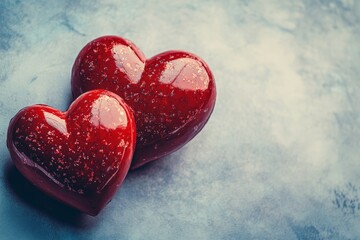 Poster - Two glossy red heart-shaped candies placed on a textured blue surface create a romantic and whimsical atmosphere