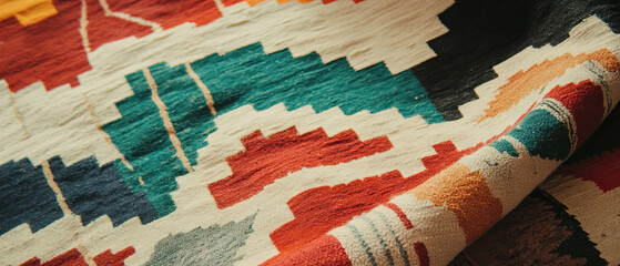 Aufkleber - Bright geometric patterns on a flatweave Kilim rug showcasing rich textures