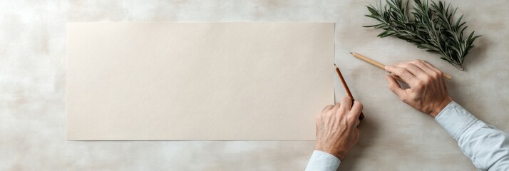 Poster - Modern Minimalist Workspace Architect Hands with Pencil on Neutral Paper and Greenery - Elevated Construction Design Visuals and Contemporary Branding for Creative Projects