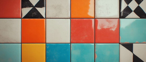 Poster - Brightly colored tiles with varied patterns creating a vibrant texture display