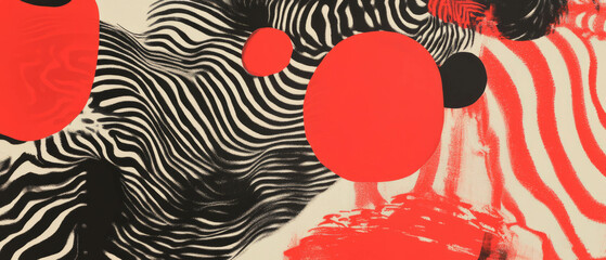 Poster - Monochromatic ink patterns with bright red shapes create striking visual contrast