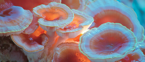 Aufkleber - Varied textures and colors of mushroom caps showcasing concentric rings in natural setting