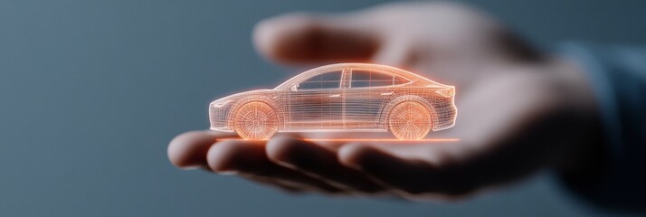Leinwandbilder - Futuristic Holographic Display Electric Car Model in Hand - Innovative Transportation Visualization for Sustainability and Automotive Marketing