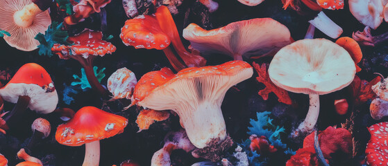 Poster - Mushroom clusters showcasing varied sizes and textured surfaces in vivid colors