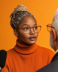 Aufkleber - Vibrant Urban Interview Young Black Woman, 27, with Braids and Microphone in Modern Office - Inclusive Journalism and Business Communication