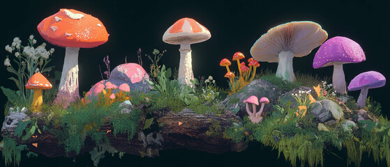 Poster - Vibrant mushrooms thriving on logs with varied colors and textures in a natural setting