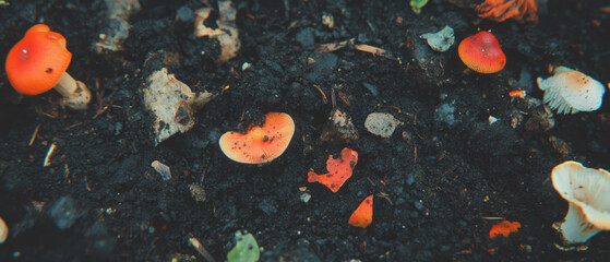 Poster - Colorful mushrooms emerging from rich, diverse soil textures in a natural setting