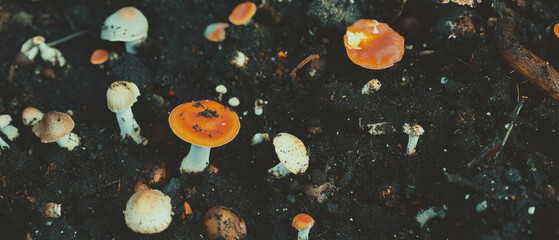 Poster - Colorful mushrooms thriving in rich soil with varied textures under natural conditions