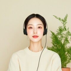 Poster - Minimalist Virtual Interview Setup Young Asian Professional Woman with Headset and Potted Greenery for Remote Hiring and Online Recruitment Strategies in Modern Home Offices