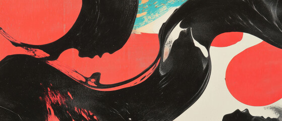 Poster - Exploring negative space with vibrant red shapes and flowing ink patterns