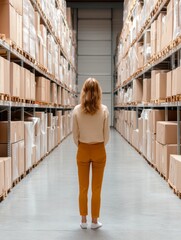 Fototapete - Contemporary Logistics Visual Female Worker in Minimalist Warehouse Aisle with Cardboard Boxes - Efficient Distribution Network and Inventory Management for Modern Business Operations