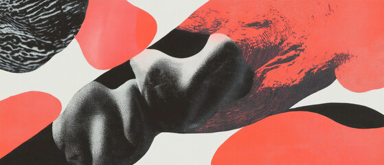 Poster - Organic ink patterns blend flowing lines with vibrant red shapes in abstract design