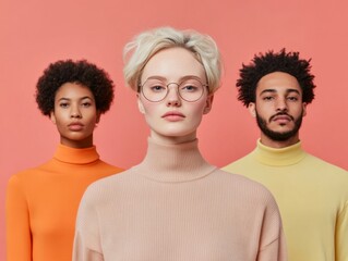 Poster - Contemporary Diversity Tri-Color Turtlenecks on Soft Pastel Backdrop - Fashion-forward Diversity Display and Modern Marketing Imagery for Inclusive Branding Campaigns