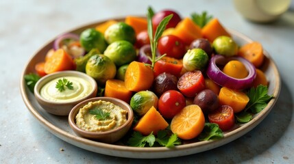 Wall Mural - A vibrant array of roasted vegetables and fruits, including Brussel sprouts, sweet potatoes, grape tomatoes, and citrus fruits, served with creamy dips on an elegant plate.