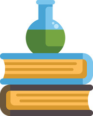 Poster - round bottom flask with green liquid standing on stack of books, concept for chemistry researching a