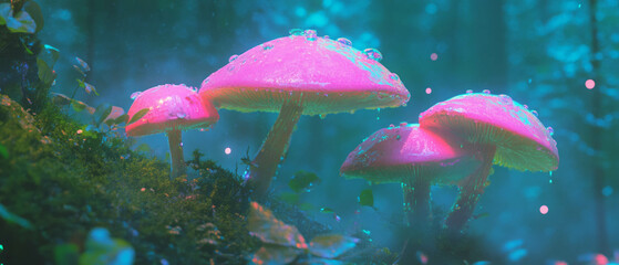 Poster - Vibrant slimy mushrooms with wet surfaces in a lush forest environment