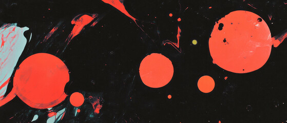 Poster - Bright splattered ink patterns with contrasting red shapes on a dark background