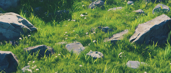 Poster - Stylized vibrant green grass with cartoonish blades and scattered stones