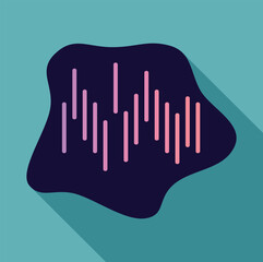 Poster - Pink sound waves vibrating on dark blue abstract shape with long shadow on turquoise background, representing audio spectrum lines