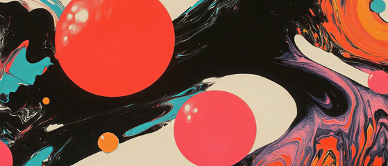 Aufkleber - Swirling ink patterns create vibrant contrasts with bright red shapes and fluid lines