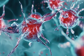 Poster - cells interacting under a microscope in a laboratory environment during a research experiment