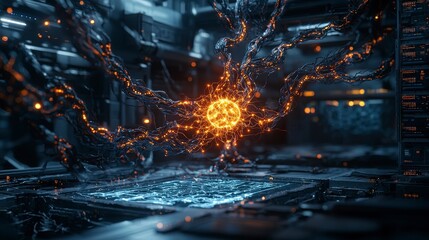 Fototapete - Futuristic ai integration shaping business systems in a high-tech environment digital art abstract viewpoint