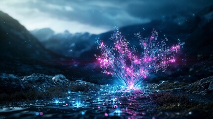 Poster - Futuristic data tree landscape glowing in twilight mountain region digital art surreal environment wide angle view