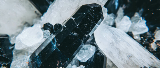 Poster - Explore the stunning texture of tourmalinated quartz with black inclusions and contrasting colors