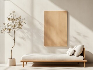 Poster - Minimalist Tranquility Multi-Functional Daybed in Warm Wood and Beige Textures - Inspiring Small Space Living for Modern Lifestyle and Versatile Interior Design