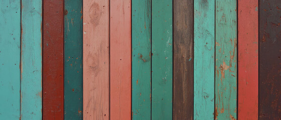 Poster - Weathered wood panels displaying cracks, splits, and a colorful aged texture over time