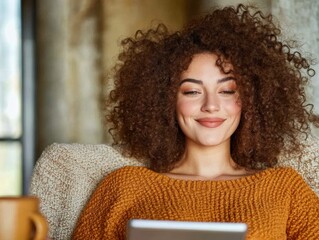 Poster - Warm Hygge Aesthetic Curly-Haired Woman of Color with Tablet and Knit Sweater in Cozy Home Setting - Modern Digital Engagement and Lifestyle Content Creation