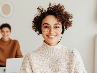 Poster - Cozy Minimalist Workspace Young Professional in Knit Sweater with Headphones and Glasses - Modern Remote Work Inclusivity and Tech Innovation for Creative Industry