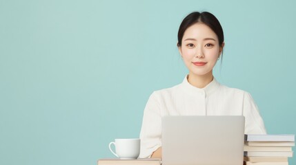Poster - Professional Exam Prep Aesthetics Focused Korean Woman with Laptop and Study Materials in Minimalist Setting - Enhancing Online Learning and Career Growth in Modern Workspaces