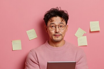 Aufkleber - Modern Study Scene Korean Man Engrossed in Exam Prep with Tablet and Sticky Notes - Interactive Learning Aesthetic for Business Certification Success