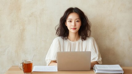 Poster - Tech Chic Workspace Focused Korean Woman Studying with Laptop and Notes on Minimalist Wooden Desk - Online Course Prep for Career Advancement and Modern Workplace Efficiency