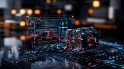 Fototapete - Ai-driven strategic system with glowing visuals futuristic workspace digital art tech environment close-up view