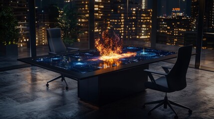Leinwandbilder - Strategic planning table with holographic display urban office digital innovation nighttime view futuristic concept