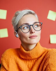 Poster - Modern Professional Inclusion Woman with Hearing Aid and Stylish Sweater in Collaborative Workspace - Enhancing Business Innovation and Social Responsibility