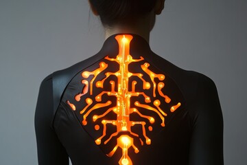 Poster - Innovative display of technology and art is showcased on human form with glowing circuitry patterns and sleek design. Generative AI