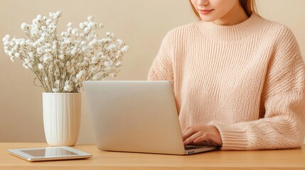 Poster - Minimalist Beige Workspace Young Woman with Laptop at Wooden Desk - Enhancing Digital Job Search with Modern Resume Templates for Professional Growth in Tech Careers