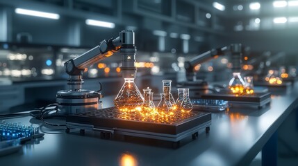 Aufkleber - Automated robotic systems lab futuristic laboratory science experimentation high-tech environment dynamic viewpoint