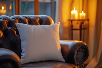Poster - Elegant couch with a white pillow and soft candlelight creating a cozy atmosphere in the evening. Generative AI