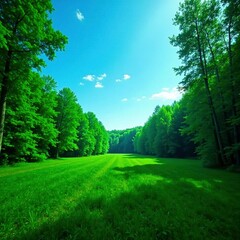 Wall Mural - Dense foliage of trees under a bright blue sky, green, forest floor, forest