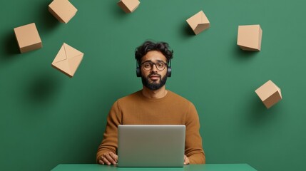 Fototapete - Dynamic Virtual Presentation Young Indian Man with Laptop and Headset Amidst Geometric Cubes - Interactive Digital Exhibitions for Tech and Business Innovation