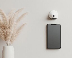 Aufkleber - Contemporary Smart Home Security Sleek Wall-Mounted Camera and Smartphone Integration for Modern Living - Aesthetic Minimalism and IoT Solution for Enhanced Safety