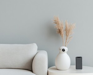Aufkleber - Sleek Modern Home Security Smart Camera and Smartphone Setup in Soft Gray Living Room - Seamless IoT Integration and Contemporary Safety for Urban Lifestyles