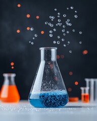 Poster - Vibrant Chemistry Reaction Visualization Bubbling Blue and Orange Fluids in Flasks - Innovative STEM Content for Scientific Research and Educational Marketing