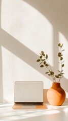 Poster - Minimalist Remote Workspace Aesthetic with Laptop and Clay Vase - Promoting Flexible Work Solutions in Modern Digital Environments for Creative Professional Use