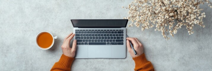 Aufkleber - Minimalist Learning Student Engaging in Online Video Classes with Laptop and Notes - Modern Remote Education for E-Learning Platforms in Tech-Savvy Workspaces